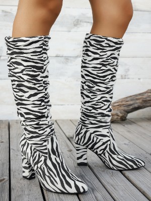 Colorblock Zebra Chunky Heels Thigh-High Boots
