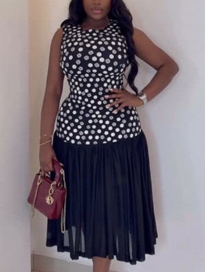 Colorblock Printed Sleeveless Pleated Maxi Dress