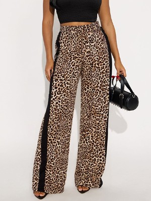 Leopard Striped Trim Loose Straight Pants