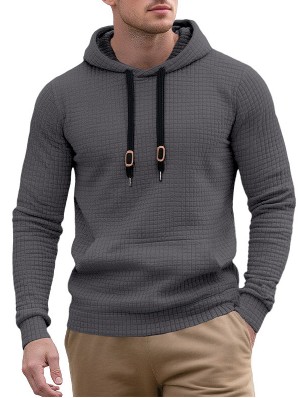Plain Color Drawstring Walf Checks Hooded Pullover