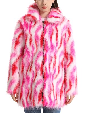 Colorblock Fluff Lapel Zipper Long Faux Fur