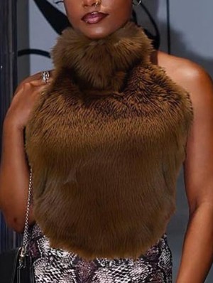 Fake Fur Halter Backless Cropped Tanks