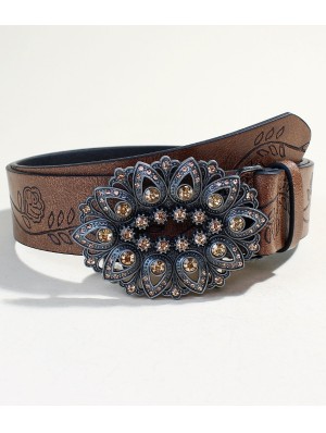 Rhinestone Floral Metal Buckle Embossed Belt