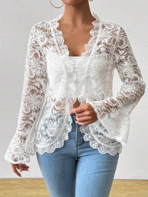 Flower Lace Detail Trumpet Sleeve Cardigan
