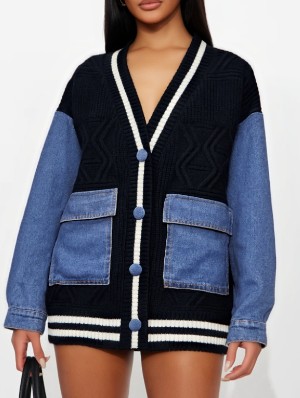 Denim Knitted Colorblock Loose V Neck Cardigan
