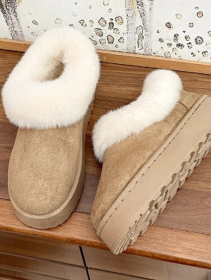 Fur Trim Platform Heels Low Top Fluff Boots