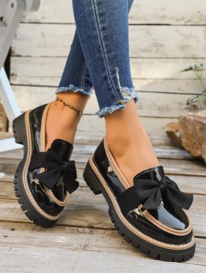 Glossy Striped Bow Chunky Heels Flats