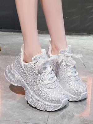 Rhinestones Platform Heels Lace-Up Sneaker