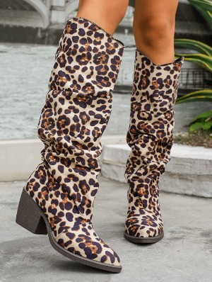 Leopard Pointed Chunky Thigh-High Boots