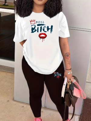Letter Slogan Round Neck Pant Sets
