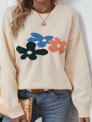 Flower Pattern Jacquard Weave Long Sleeve Sweater