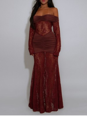 Ruched Sheer Lace Off Shoulder Maxi Dress