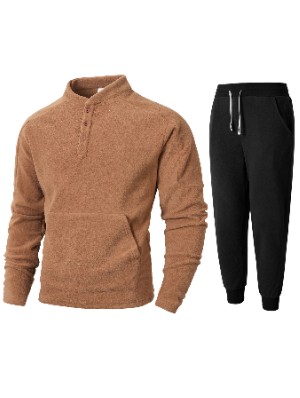 Stand Collar Single Breasted Kangaroo Pocket Long Sleeve Sets