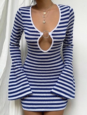 Colorblock Striped U Neck Metal Ring Long Sleeve Mini Dress
