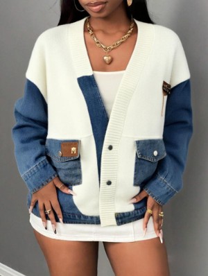 Knitting Denim V Neck Loose Cardigan