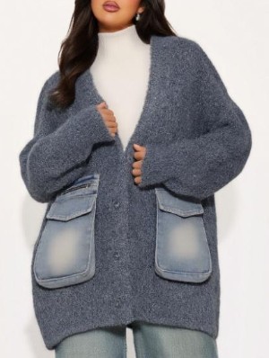 Shiny Knitting Denim Pocket V Neck Cardigan