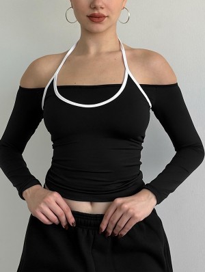 Patchwork Solid Color Faux Two-Piece Lace-Up Seductive T-shirts