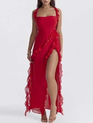 Sleeveless Ruffle Edge Split Hem Maxi Dress