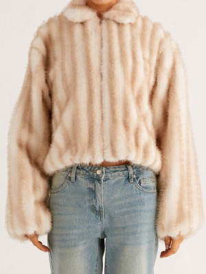 Fluff Striped Lapel Fur Zipper Coats