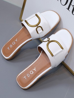 Metal Decor Square Toe Flat Heel Slippers