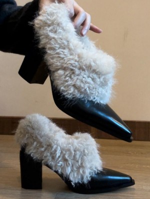 Fluff Sharp Toe Chunky Heels Flats