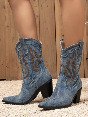 Embroidery Denim Chunky Cowboy Boots