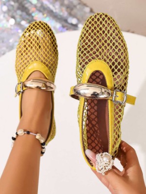 Mesh Ankle Strap Metal Decor Flats