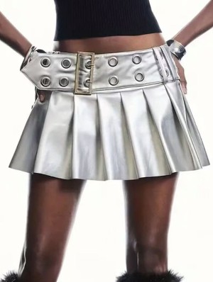 Metallic Leather A-line Pleated Skirts