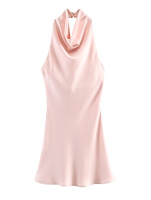 Ruched Satin Halter Backless Mini Dress