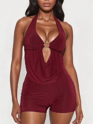 Wing Neck Halter Backless Fitted Rompers