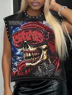 Skull Printed Rivet Loose Tanks