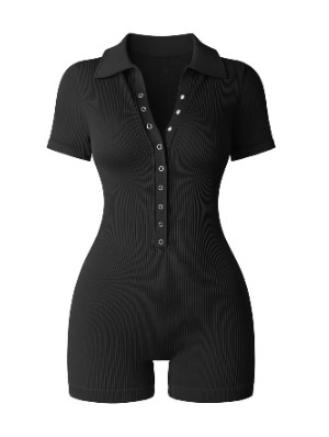 Ribbed Solid V Neck Lapel Rompers