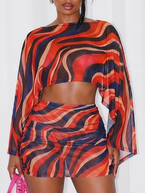 Irregular Contrast Gauze Cropped Skirt Sets