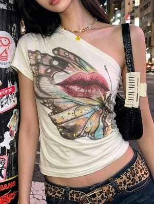 One Shoulder Butterfly Print Short Sleeve Tee