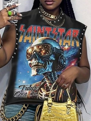 Skull Letter Printed Rivet Vintage Tanks