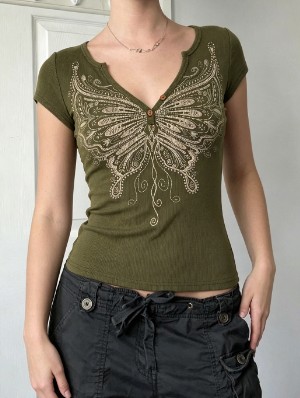 V Neck Butterfly Pattern Bodycon T-shirts