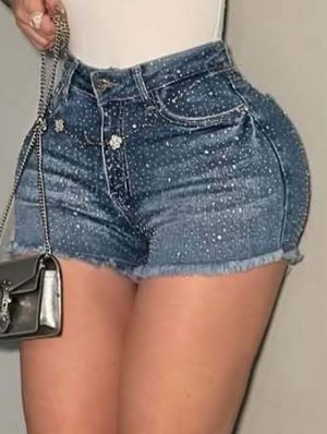 Embellished Raged Hem Denim Shorts