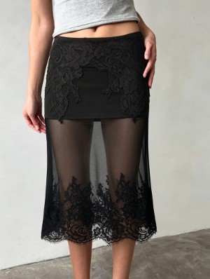 Embroidery Sheer Lace Mesh Midi Skirt