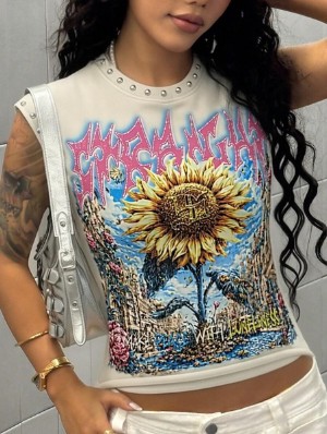 Vintage Sunflower Printed Rivet Tanks