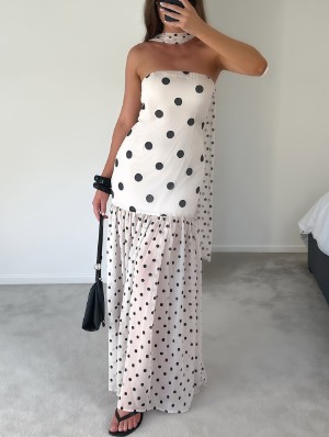 Polka Dots Muffler Strapless Maxi Dress