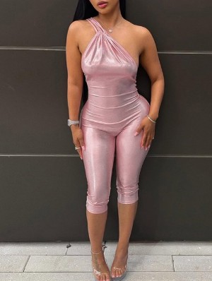 Metallic Ruched One Shoulder Rompers