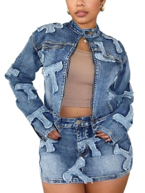 Embroidery Denim Cropped Jackets Skirt Sets