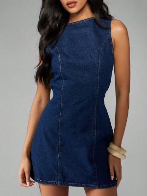 Sleeveless Denim A-line Zipper Mini Dress