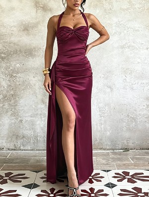 Satin Irregular Pleated Halter Split Maxi