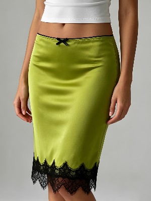 Lace Trim Satin Midi Skirts