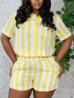 Contrast Vertical Shirt Loose Short Sets