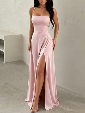 Satin High‑Slit Spaghetti Strap Maxi Dress