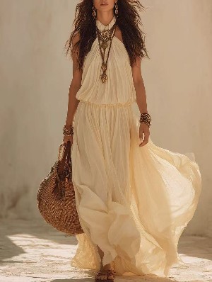 Halter Chiffon Sleeveless Vacation Maxi Dress