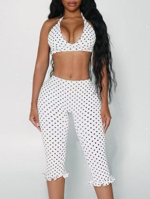 Polka Dots Halter Lace-Up Capri Pants Sets