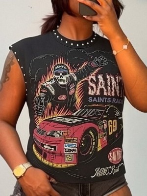 Skull Letter Printed Rivet Decor Tanks